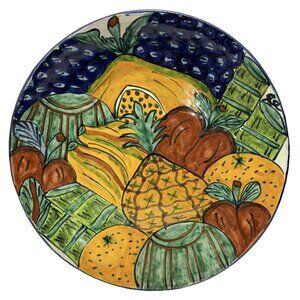 Vintage 1990s Talavera Mexican Pottery Art Wall Hanging Plate - Mixed Fruits